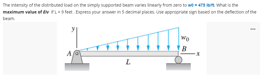 The intensity of the distributed load on the simply supported beam varies linearly from zero to wo = 475 Ib/ft. What is the
maximum value of Elv if L= 9 feet. Express your answer in 5 decimal places. Use appropriate sign based on the deflection of the
beam.
y
...
wo
В
A
L
