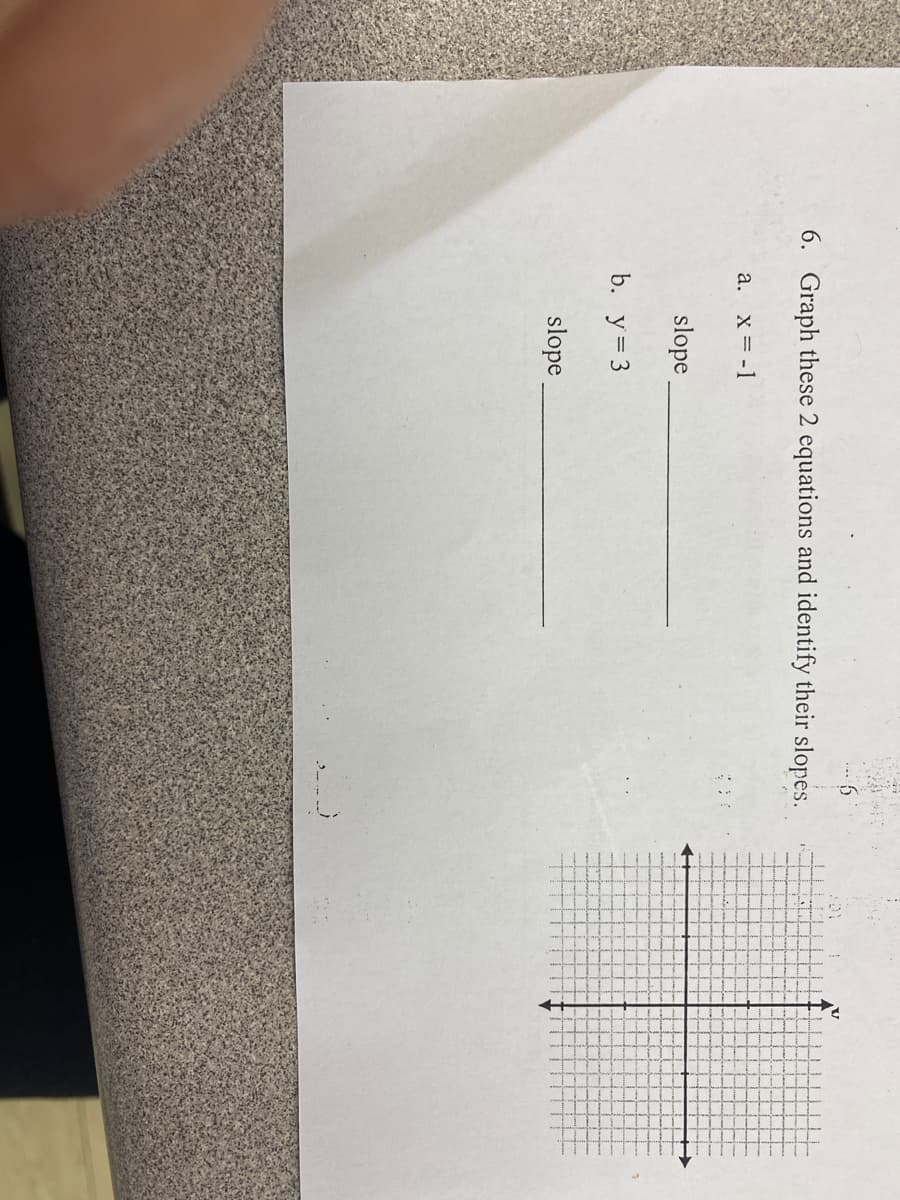 6. Graph these 2 equations and identify their slopes.
a. x = -1
slope
b. y= 3
slope
