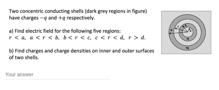 Two concentric conducting shells (dark grey regions in figure)
have charges -q and +q respectively.
a) Find electric field for the following five regions:
r<a, a <r<b, b < r < c, c <r <d, r > d.
b) Find charges and charge densities on inner and outer surfaces
of two shells.
Your answer
+q