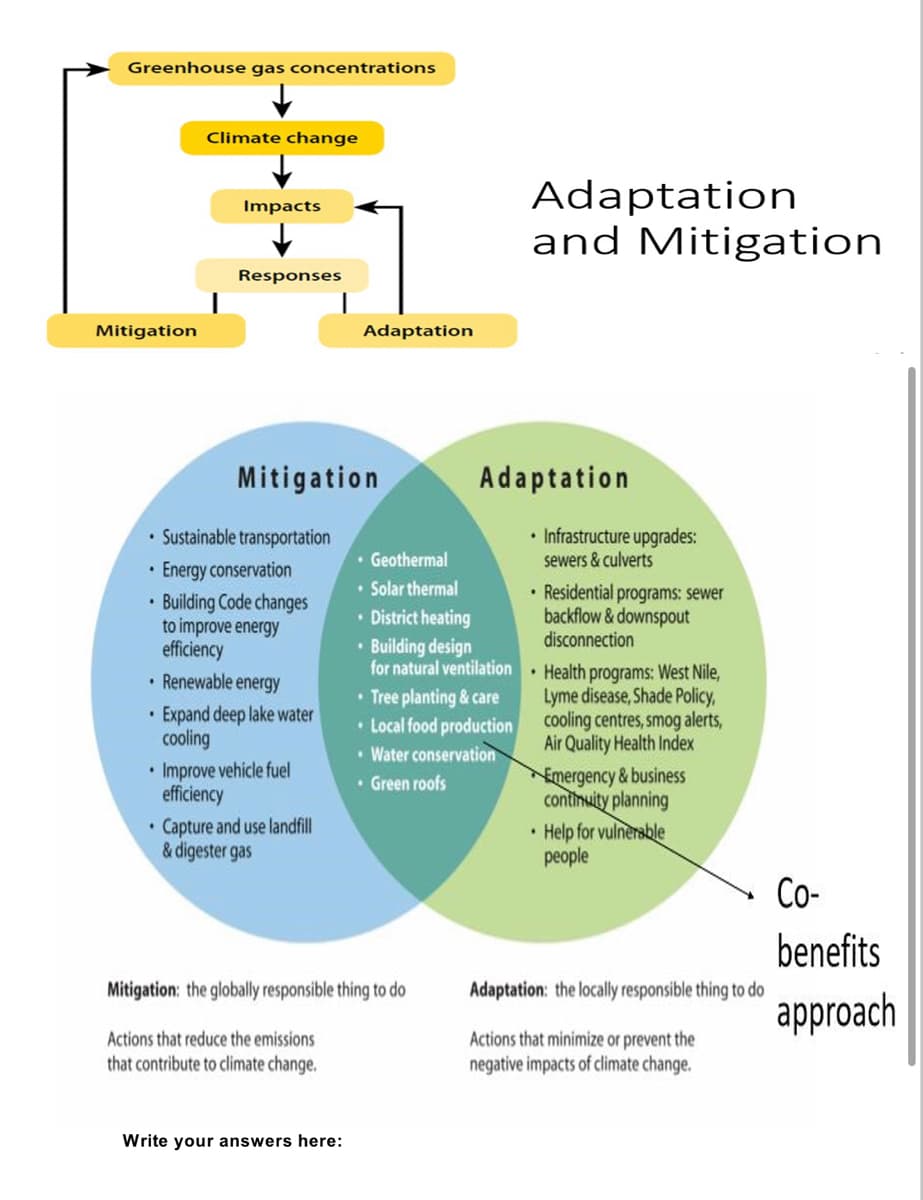 Greenhouse gas concentrations
Mitigation
Climate change
Impacts
Responses
Mitigation
• Sustainable transportation
Energy conservation
Building Code changes
to improve energy
efficiency
Renewable energy
• Expand deep lake water
cooling
• Improve vehicle fuel
efficiency
• Capture and use landfill
& digester gas
Adaptation
Write your answers here:
Mitigation: the globally responsible thing to do
Actions that reduce the emissions
that contribute to climate change.
• Geothermal
• Solar thermal
• District heating
• Building design
for natural ventilation
• Tree planting & care
• Local food production
Water conservation
• Green roofs
Adaptation
and Mitigation
Adaptation
• Infrastructure upgrades:
sewers & culverts
• Residential programs: sewer
backflow & downspout
disconnection
• Health programs: West Nile,
Lyme disease, Shade Policy,
cooling centres, smog alerts,
Air Quality Health Index
Emergency & business
continuity planning
• Help for vulnerable
people
Adaptation: the locally responsible thing to do
Actions that minimize or prevent the
negative impacts of climate change.
Co-
benefits
approach