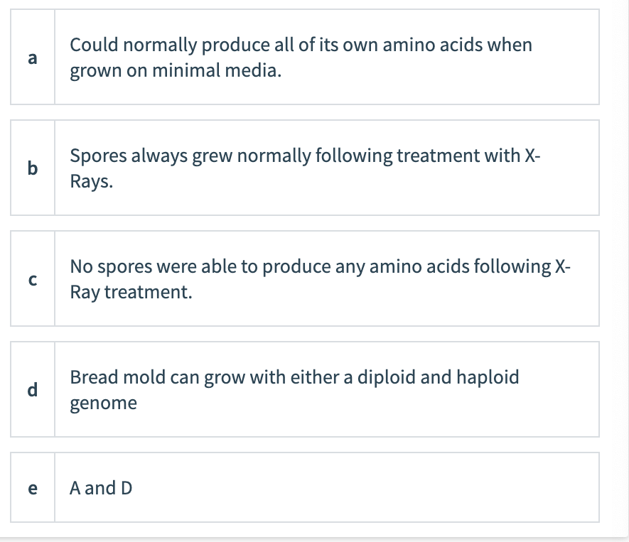 a
b
с
d
e
Could normally produce all of its own amino acids when
grown on minimal media.
Spores always grew normally following treatment with X-
Rays.
No spores were able to produce any amino acids following X-
Ray treatment.
Bread mold can grow with either a diploid and haploid
genome
A and D