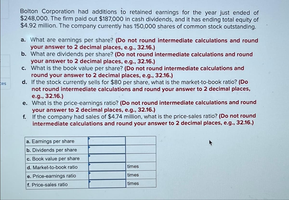 ces
Bolton Corporation had additions to retained earnings for the year just ended of
$248,000. The firm paid out $187,000 in cash dividends, and it has ending total equity of
$4.92 million. The company currently has 150,000 shares of common stock outstanding.
a. What are earnings per share? (Do not round intermediate calculations and round
your answer to 2 decimal places, e.g., 32.16.)
b. What are dividends per share? (Do not round intermediate calculations and round
your answer to 2 decimal places, e.g., 32.16.)
c. What is the book value per share? (Do not round intermediate calculations and
round your answer to 2 decimal places, e.g., 32.16.)
d. If the stock currently sells for $80 per share, what is the market-to-book ratio? (Do
not round intermediate calculations and round your answer to 2 decimal places,
e.g., 32.16.)
e.
What is the price-earnings ratio? (Do not round intermediate calculations and round
your answer to 2 decimal places, e.g., 32.16.)
f.
If the company had sales of $4.74 million, what is the price-sales ratio? (Do not round
intermediate calculations and round your answer to 2 decimal places, e.g., 32.16.)
a. Earnings per share
b. Dividends per share
c. Book value per share
d. Market-to-book ratio
e. Price-earnings ratio
f. Price-sales ratio
times
times
times