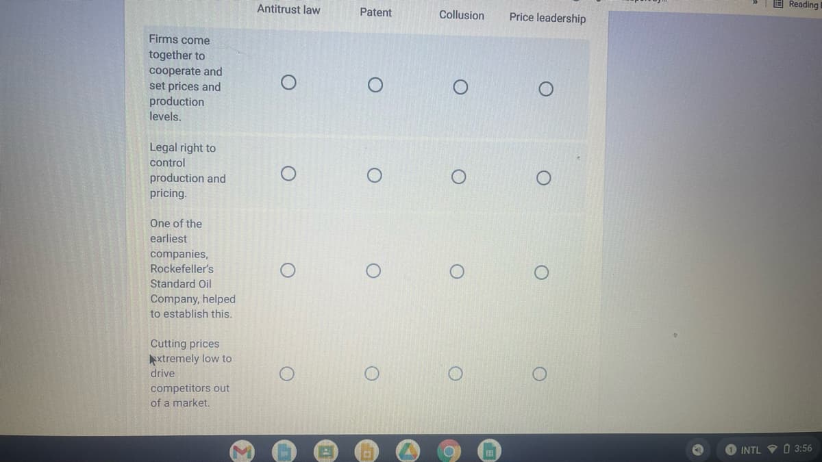 Firms come
together to
cooperate and
set prices and
production
levels.
Legal right to
control
production and
pricing.
One of the
earliest
companies,
Rockefeller's
Standard Oil
Company, helped
to establish this.
Cutting prices
Extremely low to
drive
competitors out
of a market.
M
Antitrust law
O
O
Patent
O
O
0
Collusion
O
O
●
Price leadership
O
O
CO
Reading
INTL 3:56