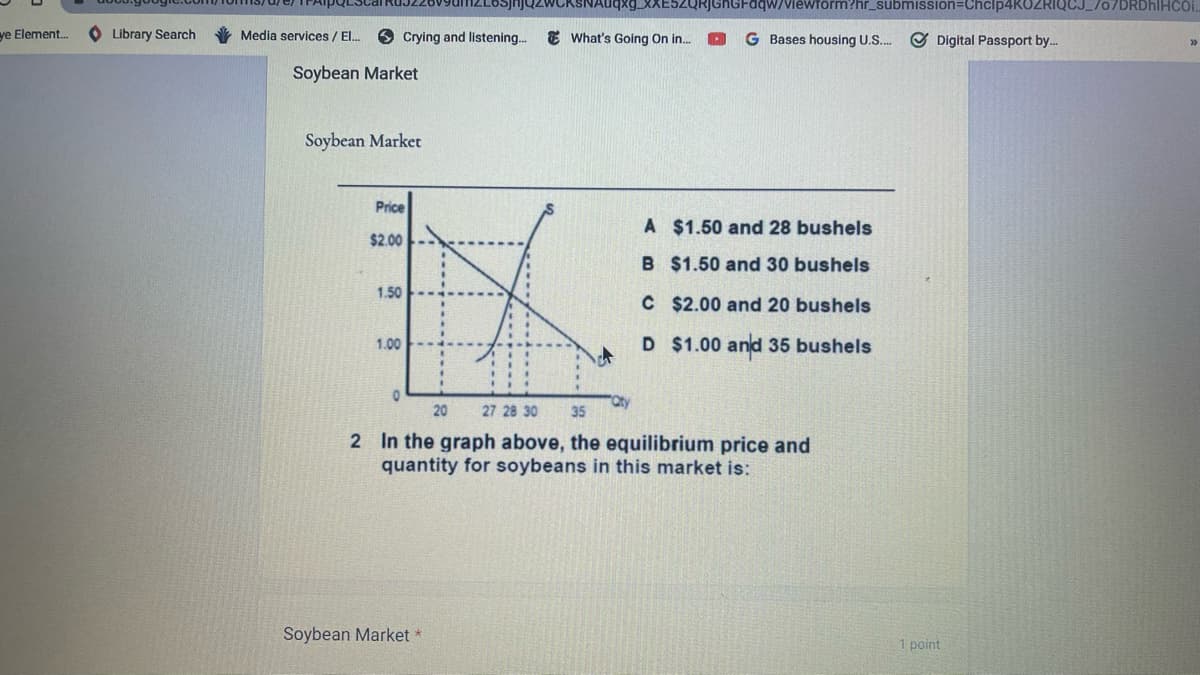 ye Element...
Library Search
Media services / El...
Soybean Market
Soybean Market
Crying and listening...
Price
$2.00
1.50
1.00
0
Soybean Market *
ZQRjGhGFdqw/viewform?hr_submission=Chclp4KOZRI 70/DRDHIHCoi.
G Bases housing U.S.... ✔Digital Passport by...
What's Going On in...
Qty
A $1.50 and 28 bushels
B $1.50 and 30 bushels
C
$2.00 and 20 bushels
D $1.00 and 35 bushels
20 27 28 30
35
2 In the graph above, the equilibrium price and
quantity for soybeans in this market is:
point
>>>