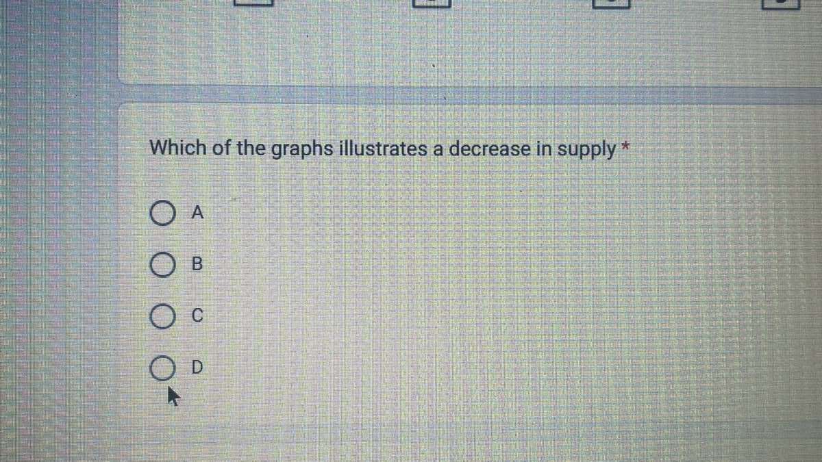 OA
00
Which of the graphs illustrates a decrease in supply
B
1
O D
3
3
*
1