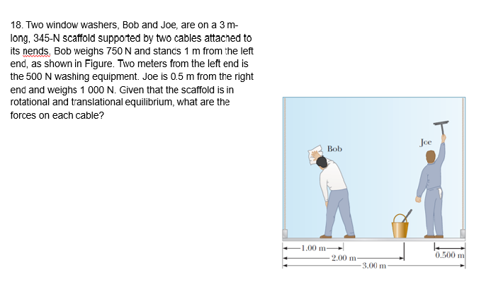 18. Two window washers, Bob and Joe, are on a 3 m-
long, 345-N scaffold supported by two cables attached to
its nends. Bob weighs 750 N and stancs 1 m from the left
end, as shown in Figure. Two meters from the left end is
the 500 N washing equipment. Joe is 0.5 m from the right
end and weighs 1 000 N. Given that the scaffold is in
rotational and translational equilibrium, what are the
forces on each cable?
Joe
Bob
1.00 m-
2.00 m
0.500 m
3.00 m
