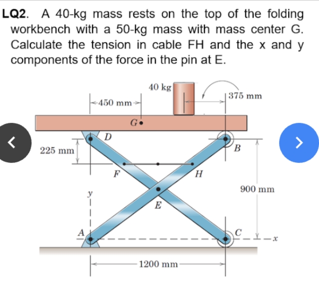 LQ2. A 40-kg mass rests on the top of the folding
workbench with a 50-kg mass with mass center G.
Calculate the tension in cable FH and the x and y
components of the force in the pin at E.
40 kg|
|375 mm
-450 mm-
Ge
D
(B
225 mm
F
900 mm
E
A
1200 mm
