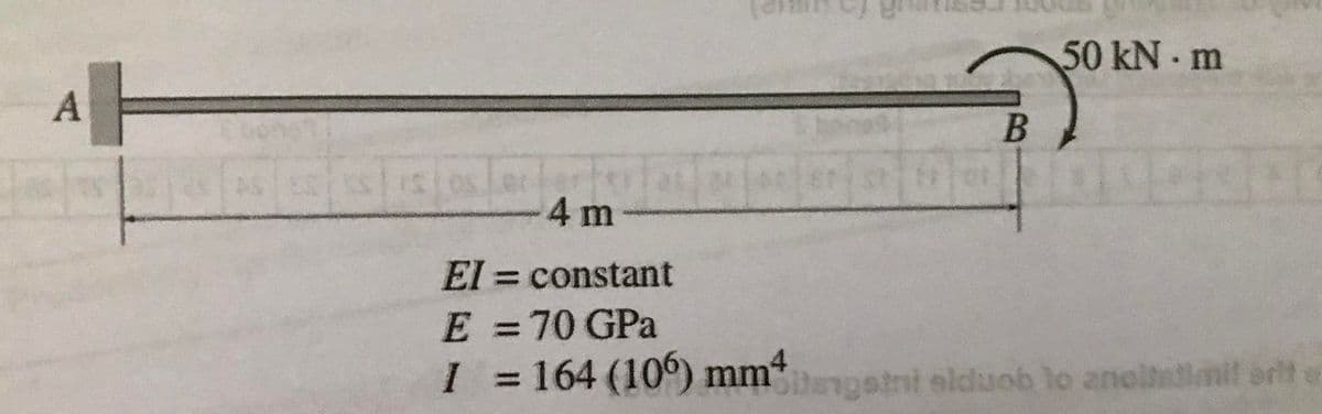 50 kN m
A
4 m
El = constant
E =70 GPa
%3D
I = 164 (10) mm4
Slangetni elduob lo anoltatlmit arit
