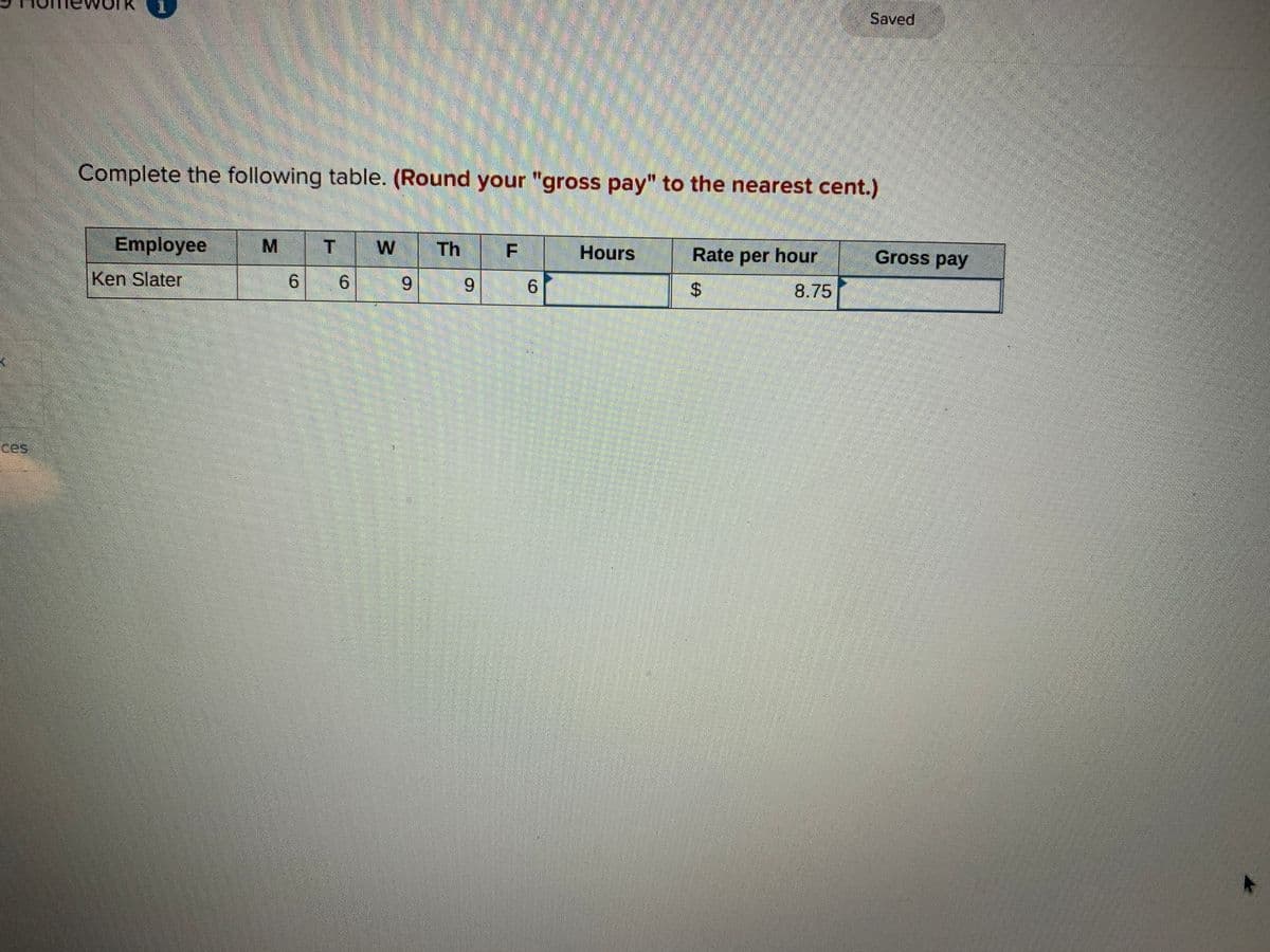 Saved
Complete the following table. (Round your "gross pay" to the nearest cent.)
Employee
W
Th F
Hours
Rate per hour
Gross pay
Ken Slater
9.
9.
6.
8.75
ces
%24
9.
9.
w/
MN
