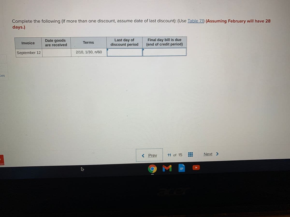 Complete the following (If more than one discount, assume date of last discount): (Use Table 7.1) (Assuming February will have 28
days.)
Last day of
discount period
Final day bill is due
(end of credit period)
Date goods
Invoice
Terms
are received
September 12
2/10, 1/30, n/60
ces
< Prev
11 of 15
Next >
.......*.
tion
9 M
