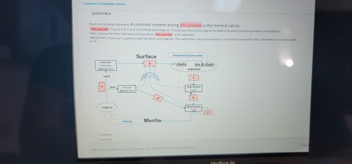 Question Completion Status:
QUESTION 4
Read the following Statement: A COmmon cement during this process is the mineral calcite.
This process" may be A B, C or D in the Rock Cycle diagram, Consult your Rock Cycle Diagram to determine which process each letter corresponds to.
Then, choose the letter that best corresponds to "this process" in the statement.
IMPORTANT: There are 5 questions with the Rock Cycle diagram. The same letter may be the answer to more than one question. Also, some letters may not be used
at all.
Surface
Precipitation from water
Extrusive
B
clastic
bio & chem
(Volcanic)
Igneous Rock
sediment
PLIFA
1)
rapid
Sedimentary
Intrusive
Igneous Rock
Roc
D
Metamorphic
Rock
magma
Mantle
Melting
Process A
Process B
Click Sae and Submit to sae and submit Click Save All Answers to save all ansuers
MacBook Air
