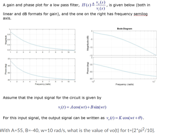 A gain and phase plot for a low pass filter, H(s) (8)
', is given below (both in
v,(s)
linear and dB formats for gain), and the one on the right has frequency semilog
axis.
Bode Diagram
08
06
04
-10
02
20
40
-30
-60
40
90
Frequency (radis)
10
Frequency (radis)
Assume that the input signal for the circuit is given by
v,(1) = A cos(wt)+B sin(wt)
For this input signal, the output signal can be written as v,(1) = K cos(wt +0).
With A=55, B=-40, w=10 rad/s, what is the value of vo(t) for t={2*pi²/10}.
(Bop) aseud
Magnitude (dB)
aprqubey
Bap) esd
