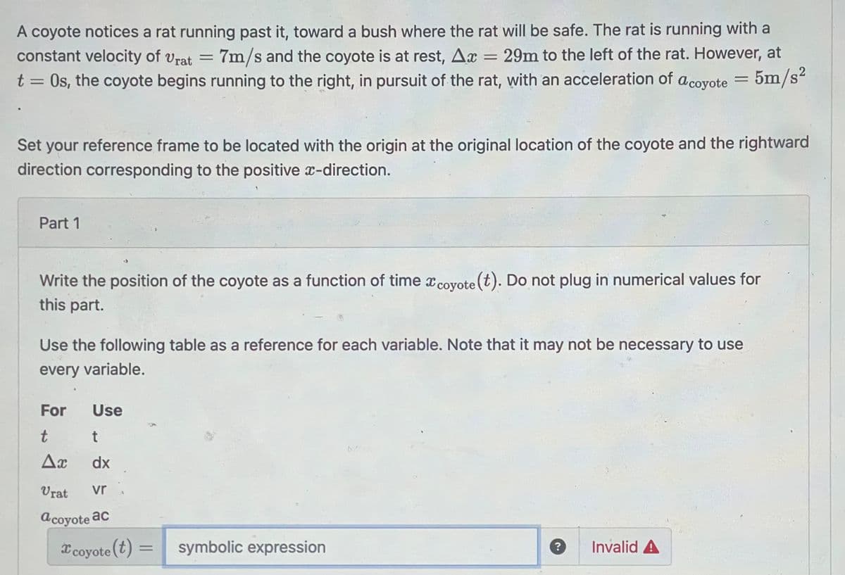 A coyote notices a rat running past it, toward a bush where the rat will be safe. The rat is running with a
constant velocity of Vrat
t
=
=
7m/s and the coyote is at rest, Ax = 29m to the left of the rat. However, at
Os, the coyote begins running to the right, in pursuit of the rat, with an acceleration of a coyote = 5m/s²
Set your reference frame to be located with the origin at the original location of the coyote and the rightward
direction corresponding to the positive x-direction.
Part 1
Write the position of the coyote as a function of time coyote (t). Do not plug in numerical values for
this part.
Use the following table as a reference for each variable. Note that it may not be necessary to use
every variable.
For Use
t
t
Ax
dx
vr
Vrat
a coyote ac
coyote (t) = symbolic expression
2.
?
Invalid A