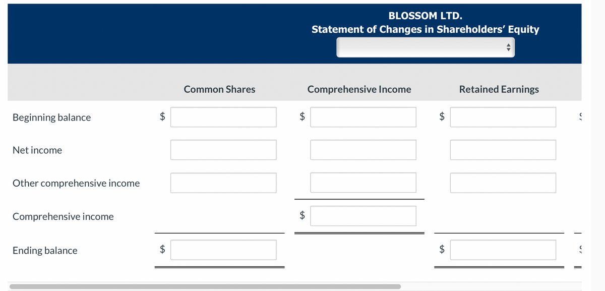 Beginning balance
Net income
Other comprehensive income
Comprehensive income
Ending balance
LA
$
LA
Common Shares
LA
$
BLOSSOM LTD.
Statement of Changes in Shareholders' Equity
Comprehensive Income
LA
to
$
Retained Earnings