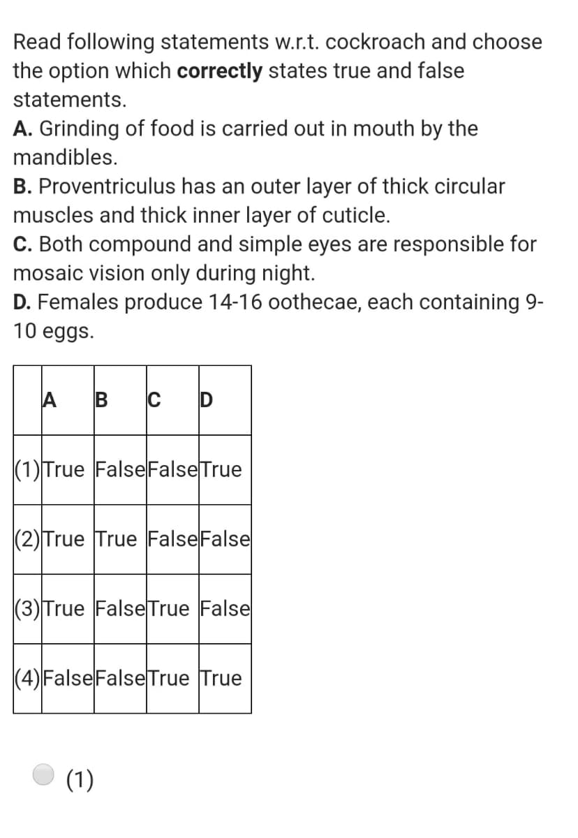 Read following statements w.r.t. cockroach and choose
the option which correctly states true and false
statements.
A. Grinding of food is carried out in mouth by the
mandibles.
B. Proventriculus has an outer layer of thick circular
muscles and thick inner layer of cuticle.
C. Both compound and simple eyes are responsible for
mosaic vision only during night.
D. Females produce 14-16 oothecae, each containing 9-
10 eggs.
A B C
(1)True FalseFalseTrue
(2) True True FalseFalse
(3)True FalseTrue False
(4) False FalseTrue True
(1)
