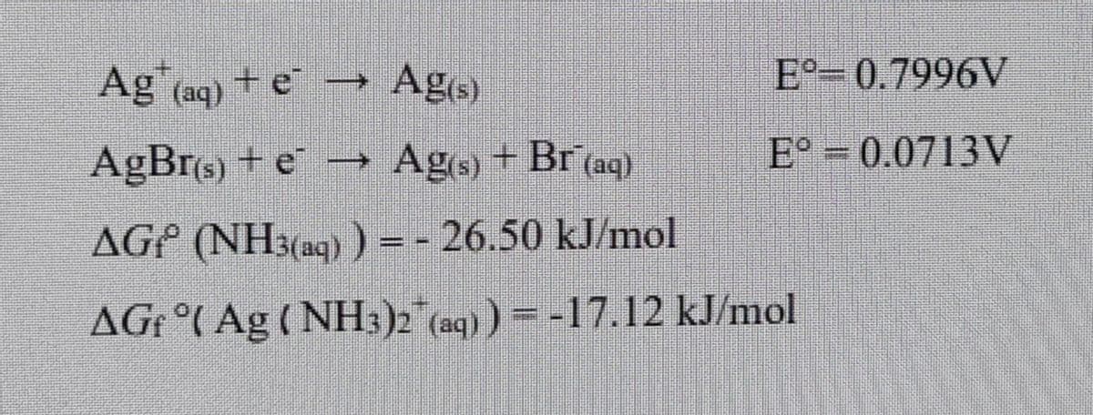 aq) +e → Ag,)
E°-0.7996V
AgBr(s) + e -→ Ags) + Br(aq)
E° 0.0713V
AGP (NH3(ag) ) =- 26.50 kJ/mol
AGr °( Ag ( NH:)2 (aq) ) = -17.12 kJ/mol
