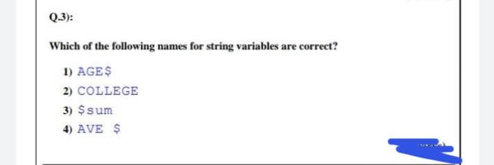 Q.3):
Which of the following names for string variables are correct?
1) AGE$
2) COLLEGE
3) $sum
4) AVE $
