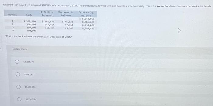 Discount Mart issued ten thousand $1,000 bonds on January 1, 2024. The bonds have a 10-year term and pay interest semiannually. This is the partial bond amortization schedule for the bonds
Effective
Interest
Decrease in
Balance
Outstanding
Balance
$ 8,640,967
8,686,606
8,734,070
8,783,433
Payment
1
2
Cash
$ 300,000
300,000
Multiple Choce
300,000
300,000
What is the book value of the bonds as of December 31, 2025?
$8.334770
$8783,433
SELINE.COM
$345,639
347,464
349,363
58734,070
$ 45,639
47,464
49,363