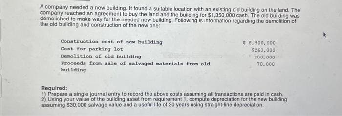 A company needed a new building. It found a suitable location with an existing old building on the land. The
company reached an agreement to buy the land and the building for $1,350,000 cash. The old building was
demolished to make way for the needed new building. Following is information regarding the demolition of
the old building and construction of the new one:
Construction cost of new building
Cost for parking lot
Demolition of old building
Proceeds from sále of salvaged materials from old
building
$ 8,900,000
$260,000
200,000
70,000
Required:
1) Prepare a single journal entry to record the above costs assuming all transactions are paid in cash.
2) Using your value of the building asset from requirement 1, compute depreciation for the new building
assuming $30,000 salvage value and a useful life of 30 years using straight-line depreciation.