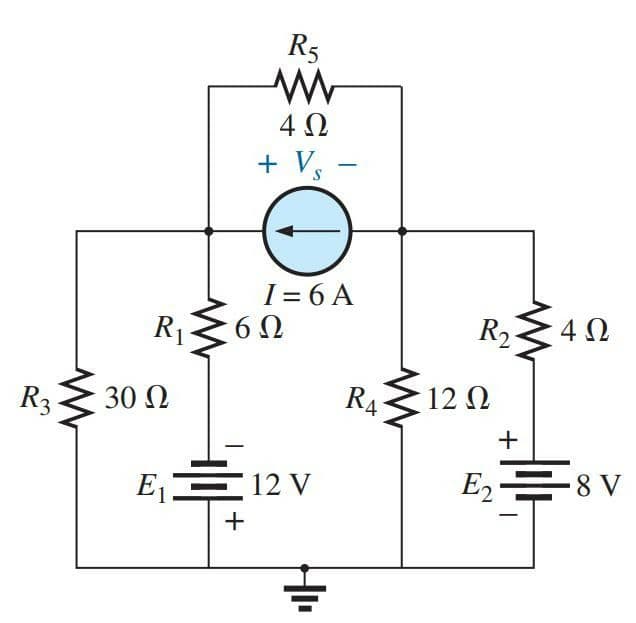 R5
4 0
+ Vs
-
I = 6 A
6Ω
R1
R2
4Ω
30 N
12 Ω
RA
R3
E12 V
E=8 V
+
+
