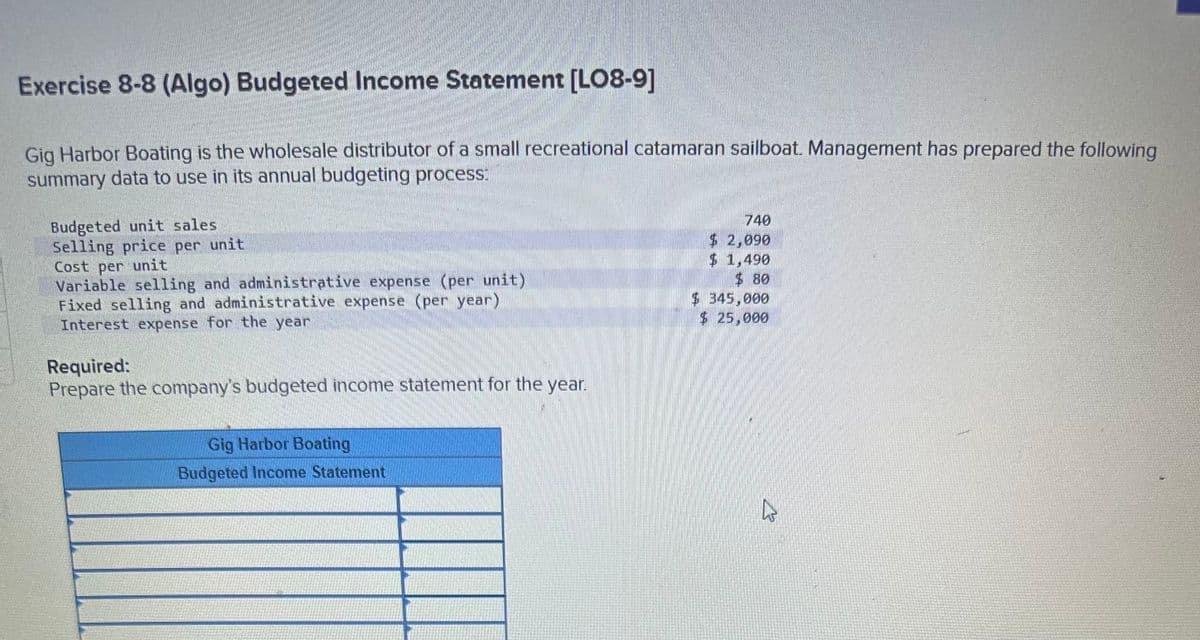 Exercise 8-8 (Algo) Budgeted Income Statement [LO8-9]
Gig Harbor Boating is the wholesale distributor of a small recreational catamaran sailboat. Management has prepared the following
summary data to use in its annual budgeting process:
Budgeted unit sales
Selling price per unit
Cost per unit
Variable selling and administrative expense (per unit)
Fixed selling and administrative expense (per year)
Interest expense for the year
Required:
Prepare the company's budgeted income statement for the year.
Gig Harbor Boating
Budgeted Income Statement
740
$ 2,090
$ 1,490
$80
$ 345,000
25,000
B