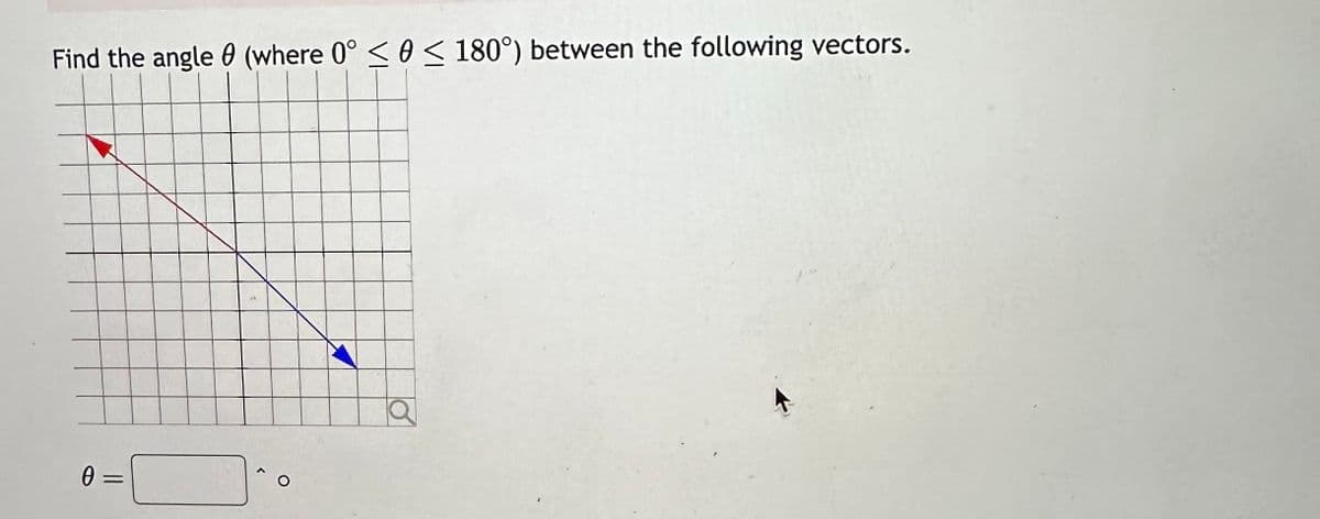 Find the angle (where 0° 0 ≤ 180°) between the following vectors.
Ꮎ ;
=
O
a