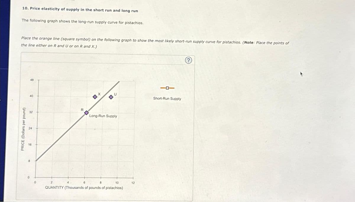 10. Price elasticity of supply in the short run and long run
The following graph shows the long-run supply curve for pistachios.
Place the orange line (square symbol) on the following graph to show the most likely short-run supply curve for pistachios. (Note: Place the points of
the line either on R and U or on R and X.)
PRICE (Dollars per pound)
48
40
32
24
0
16
0
R
+
Long-Run Supply
2
8
10
QUANTITY (Thousands of pounds of pistachios)
12
0-
Short-Run Supply