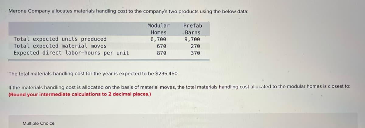 Merone Company allocates materials handling cost to the company's two products using the below data:
Modular
Prefab
Homes
Barns
Total expected units produced
Total expected material moves
Expected direct labor-hours per unit
6,700
670
9,700
270
870
370
The total materials handling cost for the year is expected to be $235,450.
If the materials handling cost is allocated on the basis of material moves, the total materials handling cost allocated to the modular homes is closest to:
(Round your intermediate calculations to 2 decimal places.)
Multiple Choice
