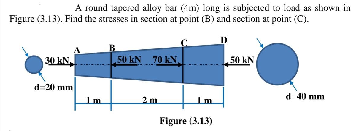 A round tapered alloy bar (4m) long is subjected to load as shown in
Figure (3.13). Find the stresses in section at point (B) and section at point (C).
C
D
В
A
30 kN.
50 kN
70 kN,
50 kN
d=20 mm
d=40 mm
1m
2 m
1m
Figure (3.13)
