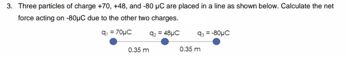 3. Three particles of charge +70, +48, and -80 µC are placed in a line as shown below. Calculate the net
force acting on -80µC due to the other two charges.
91 = 70µC
92 = 48µC
93 = -80µC
%3D
0.35 m
0.35 m
