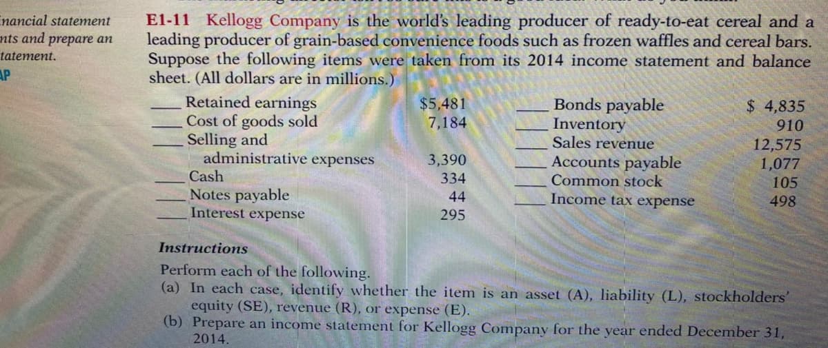 El-11 Kellogg Company is the world's leading producer of ready-to-eat cereal and a
leading producer of grain-based convenience foods such as frozen waffles and cereal bars.
Suppose the following items were taken from its 2014 income statement and balance
sheet. (All dollars are in millions.)
Retained earnings
Cost of goods sold
Selling and
administrative expenses
Cash
Bonds payable
Inventory
Sales revenue
Accounts payable
$5,481
7,184
$ 4,835
910
12,575
1,077
3,390
334
Common stock
105
Notes payable
Interest expense
44
Income tax expense
498
295
Instructions
Perform each of the following.
(a) In each case, identify whether the item is an asset (A), liability (L), stockholders'
equity (SE), revenue (R), or expense (E).
(b) Prepare an income statement for Kellogg Company for the year ended December 31,
2014
