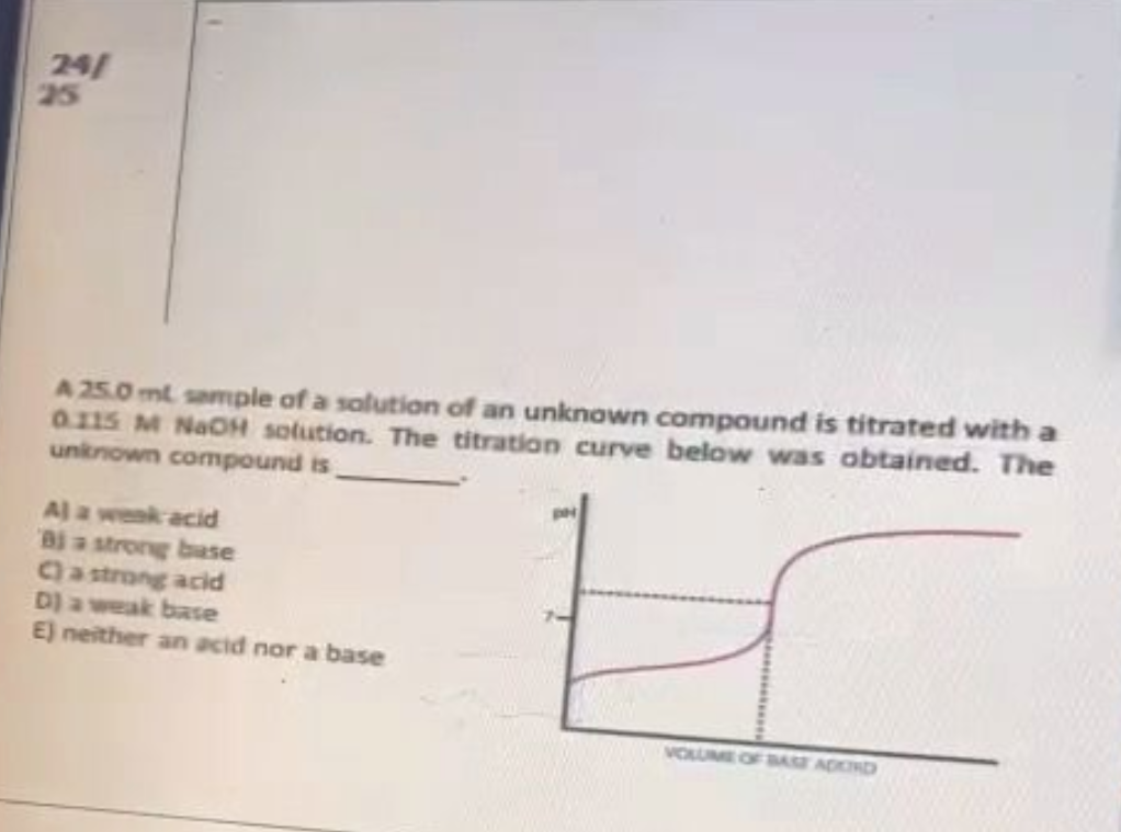 24/
25
A 25.0 ml sample of a solution of an unknown compound is titrated with a
0.115 M NaOH solution. The titration curve below was obtained. The
unknown compound is
Al a wenk acid
Bj a strong base
C) a strong acid
D) a weak base
E) neither an acid nor a base
VOLUME OF BASE ADKIND