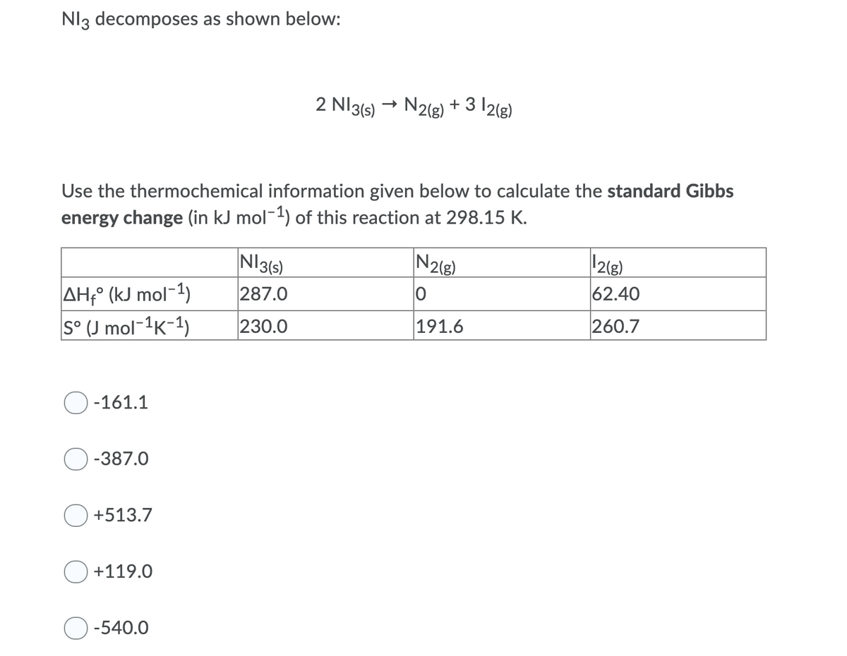 NI3 decomposes as shown below:
2 Nl3(s) → N2(g) + 3 I2(g)
Use the thermochemical information given below to calculate the standard Gibbs
energy change (in kJ mol¬1) of this reaction at 298.15 K.
NI3(s)
N2(2)
2(g).
AH;° (kJ mol-1)
S° (J mol-1K-1)
287.0
62.40
230.0
191.6
260.7
O-161.1
O -387.0
O +513.7
+119.0
O -540.0
