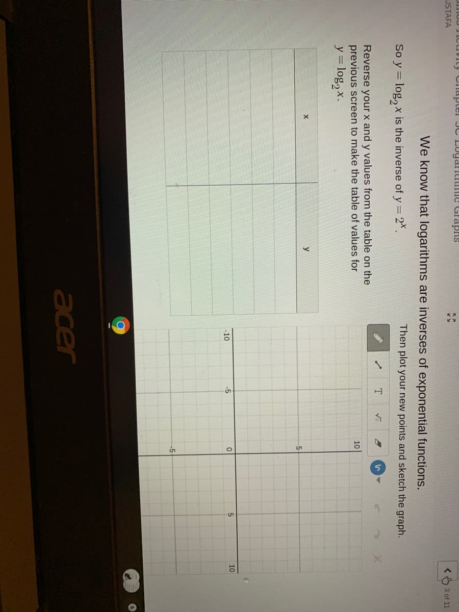 Ictivity Cilapter JC Lugantnmie Graphs
USTAFA
< 3 of 11
We know that logarithms are inverses of exponential functions.
So y = log, x is the inverse of y 2x.
Then plot your new points and sketch the graph.
%3D
y 3=
T
Reverse your x and y values from the table on the
previous screen to make the table of values for
= log, x.
10
y%3D
y
-5
-10
-5
10
-5
acer
