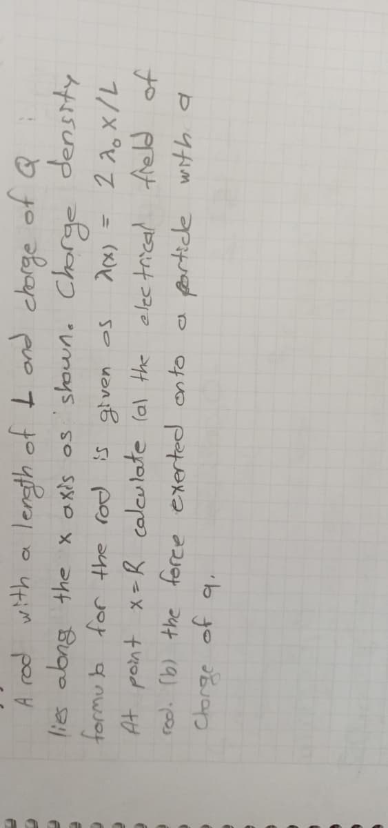 length of L and
lies abng the x ox's os shown. Chorge density
%3D
At point x= R calculate lal the electrical freld of
rool. rb) the foree exerted onto
so woniB 5; pes 2ut Jot q nwjof
Chorge of q,
