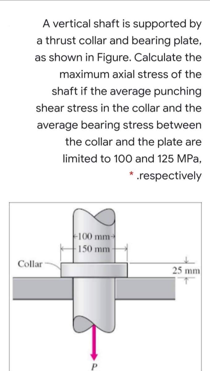 A vertical shaft is supported by
a thrust collar and bearing plate,
as shown in Figure. Calculate the
maximum axial stress of the
shaft if the average punching
shear stress in the collar and the
average bearing stress between
the collar and the plate are
limited to 100 and 125 MPa,
.respectively
F100 mm-
150 mm
Collar
25 mm
