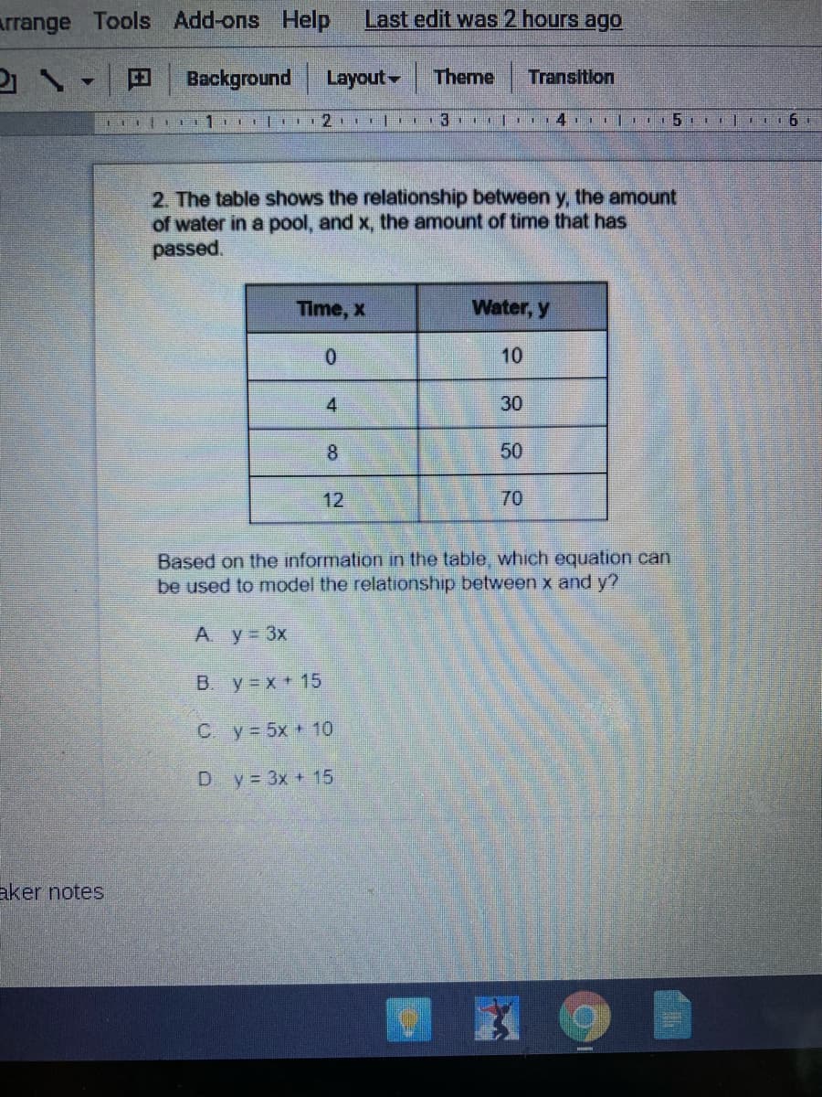 Arrange Tools Add-ons Help
Last edit was 2 hours ago
Beckground
Layout Theme
Transition
2. The table shows the relationship between y, the amount
of water in a pool, and x, the amount of time that has
passed.
Time, x
Water, y
10
4.
30
8.
50
12
70
Based on the information in the table, which equation can
be used to model the relationship between x and y?
A y 3x
B. y x + 15
Cy 5x +10
D y= 3x + 15
aker notes
