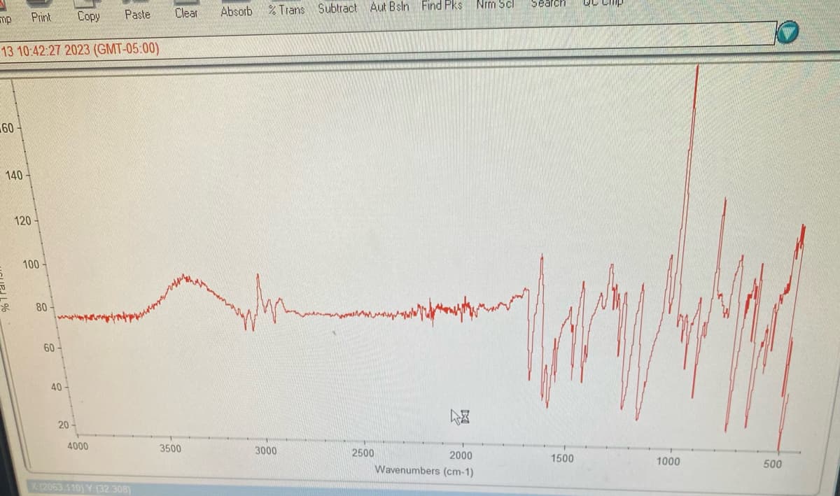 Copy
13 10:42:27 2023 (GMT-05:00)
mp
60-
140-
U
120
Print
100
80-
60
40-
20
Paste
4000
оконници
X (2063.110) Y (32.308)
Clear
3500
Absorb
% Trans Subtract Aut Bsln Find Pks Nrm Scl
3000
манипулар
2500
притир
2000
Wavenumbers (cm-1)
Search
QC Cimp
www
1500
1000
10
500