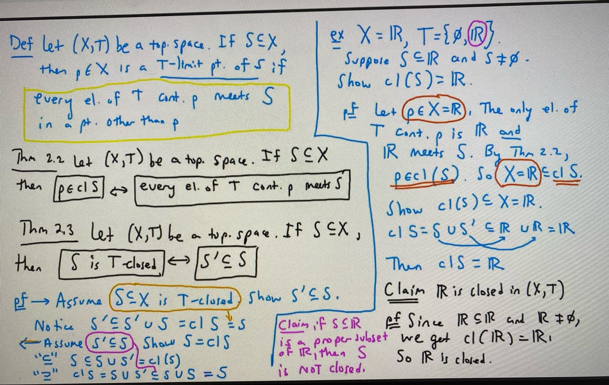 Def Let (XT) be a top. space. If SEX,
T-)tmit
then pех на
pt. of Sif
meets S
very
in
a
el. of T cont. p
P
pt. Other than
ex X=IR, T= {0, Ⓡ
Suppole SER and SØ.
Show cI(S)= IR.
Ple+ (pEX=R). The only el. of
is IR and
T cont.
Thm 2.2 let (X₁T) be a top. Space. If SEX
[PECIS) every el. of I cont. p
then
meets S
Thm 23 let (X, TJ be a top. space. If SCX,
Sis T-closed S'ES
then
ef→ Assume (SEX is T-closed) Show S'ES.
Notice S'ES'US = CISS
Assume (S'ES Show S=CIS
"C" SESUSECI (5)
"2" cls=SUSSUS = S
P
IR meets S. By Thm 2.2,
PECI(S). SoX=R)=cl S.
Show c1(S) ≤ X=IR.
CI S=SUS ER UR = IR
Then clS= R
Claim R is closed in (X,T)
ef Since IR SIR and R #ø,
we get cI (IR) = IR ₁
So R is closed.
Claim if SER
is a proper subset
of IR, then S
is NOT closed.