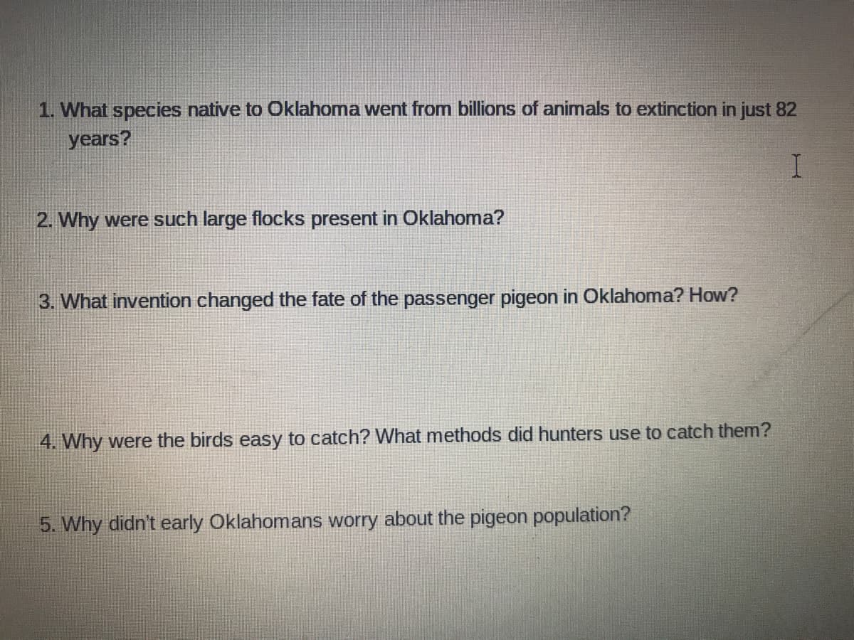 1. What species native to Oklahoma went from billions of animals to extinction in just 82
years?
2. Why were such large flocks present in Oklahoma?
3. What invention changed the fate of the passenger pigeon in Oklahoma? How?
4. Why were the birds easy to catch? What methods did hunters use to catch them?
5. Why didn't early Oklahomans worry about the pigeon population?
