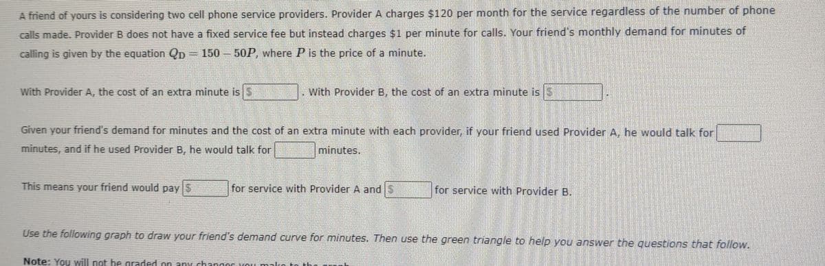 A friend of yours is considering two cell phone service providers. Provider A charges $120 per month for the service regardless of the number of phone
calls made. Provider B does not have a fixed service fee but instead charges $1 per minute for calls. Your friend's monthly demand for minutes of
calling is given by the equation Qp = 150 - 50P, where P is the price of a minute.
With Provider A, the cost of an extra minute is
With Provider B, the cost of an extra minute is S
Given your friend's demand for minutes and the cost of an extra minute with each provider, if your friend used Provider A, he would talk for
minutes, and if he used Provider B, he would talk for
minutes.
This means your friend would pay S
for service with Provider A and S
for service with Provider B.
Use the following graph to draw your friend's demand curve for minutes. Then use the green triangle to help you answer the questions that follow.
Note: Yo U will not be graded on an. changeS Vou mako to tha
喜G
