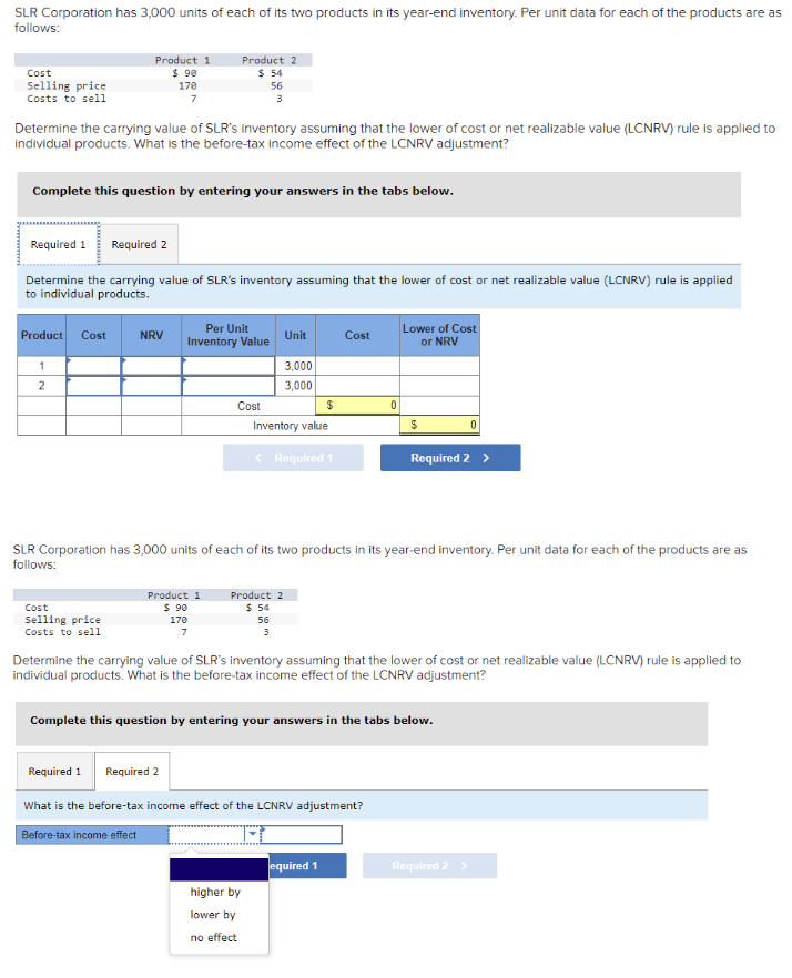 SLR Corporation has 3,000 units of each of its two products in its year-end inventory. Per unit data for each of the products are as
follows:
Cost
Selling price
Costs to sell
Product 1
$ 90
170
7
Determine the carrying value of SLR's inventory assuming that the lower of cost or net realizable value (LCNRV) rule is applied to
individual products. What is the before-tax income effect of the LCNRV adjustment?
Complete this question by entering your answers in the tabs below.
Product 2
$ 54
56
3
Required 1 Required 2
Determine the carrying value of SLR's inventory assuming that the lower of cost or net realizable value (LCNRV) rule is applied
to individual products.
Product Cost NRV
1
2
Cost
Selling price
Costs to sell
Per Unit
Inventory Value
Product 1
$ 90
170
7
Cost
Unit
$
Inventory value
< Required 1
3,000
3,000
Product 2
$ 54
56
3
higher by
lower by
no effect
Cost
SLR Corporation has 3,000 units of each of its two products in its year-end inventory. Per unit data for each of the products are as
follows:
0
Required 1
Required 2
What is the before-tax income effect of the LCNRV adjustment?
Before-tax income effect
Lower of Cost
or NRV
equired 1
$
Determine the carrying value of SLR's inventory assuming that the lower of cost or net realizable value (LCNRV) rule is applied to
individual products. What is the before-tax income effect of the LCNRV adjustment?
Complete this question by entering your answers in the tabs below.
Required 2 >
0
Required 2 >