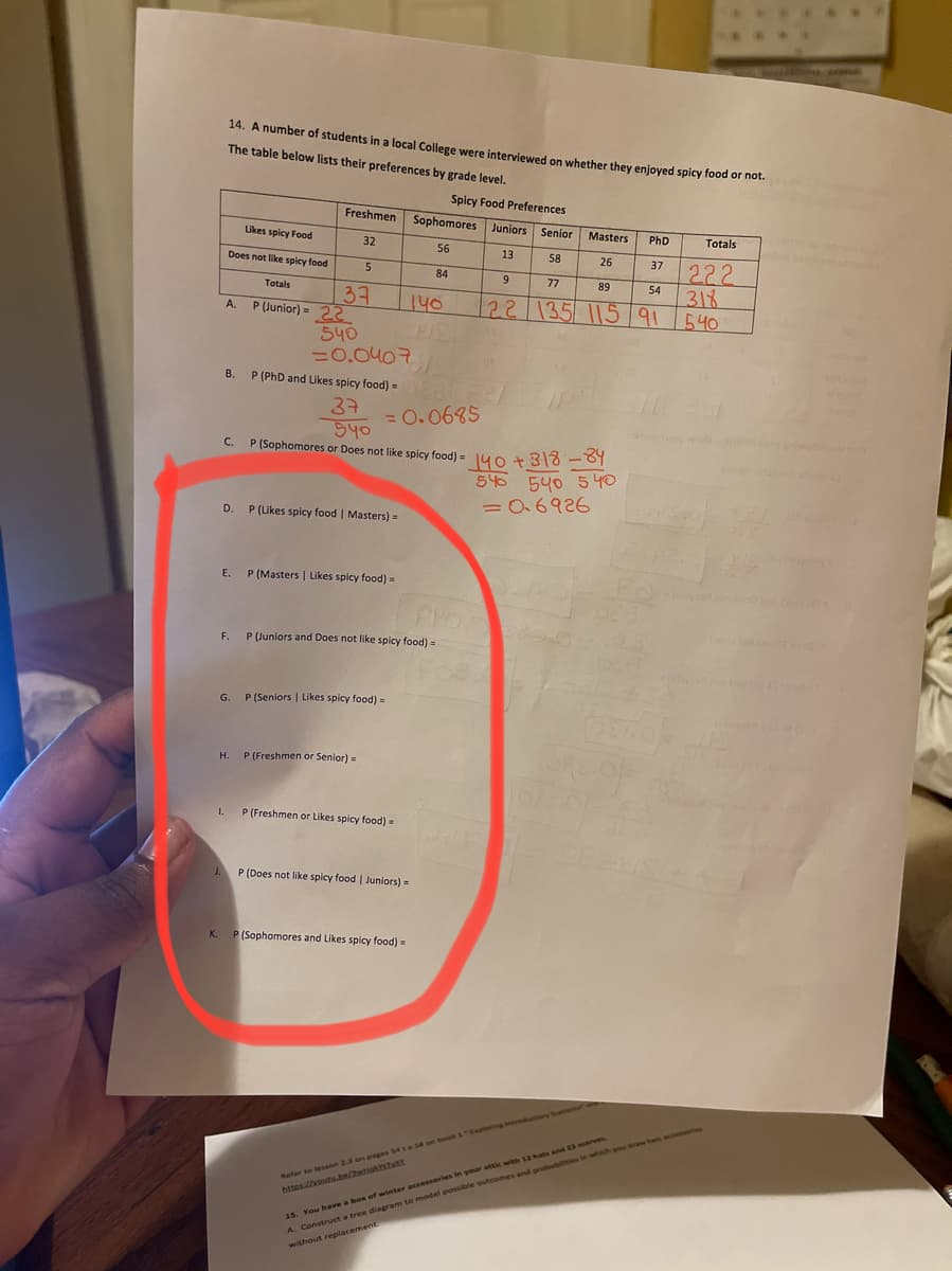 14. A number of students in a local College were interviewed on whether they enjoyed spicy food or hot.
The table below lists their preferences by grade level.
Spicy Food Preferences
Freshmen
Sophomores Juniors Senior
Likes spicy Food
Masters
PhD
Totals
32
56
13
58
26
37
222
318
540
Does not like spicy food
5
84
9
77
89
54
Totals
37
22/135115 91
140
P (Junior) = 22
540
=0.0407
A.
B.
P (PhD and Likes spicy food) =
37
540
= 0.06%5
C.
P (Sophomores or Does not like spicy food) = ju0 +318 -01
5 540 540
= O.6926
D. P (Likes spicy food | Masters) =
Е.
P (Masters | Likes spicy food) =
PPOD
F.
P (luniors and Does not like spicy food) =
obys
G.
P (Seniors | Likes spicy food) =
H.
Н.
P (Freshmen or Senior) =
I.
P (Freshmen or Likes spicy food) =
J.
P (Does not like spicy food | Juniors) =
K. P(Sophomores and Likes spicy food) =
Refer to lesson 2.3 on pages 54 t e 5 on books oploring intreductor
httes.//voutu.ke/etta Y
25. You have a box of winter accessories in your attic with 12hats and E3 wanves
A. Construct a tree ddiagram to model possible outcomes and orobsbilties in wich you draw. t accories
without repolacement.
