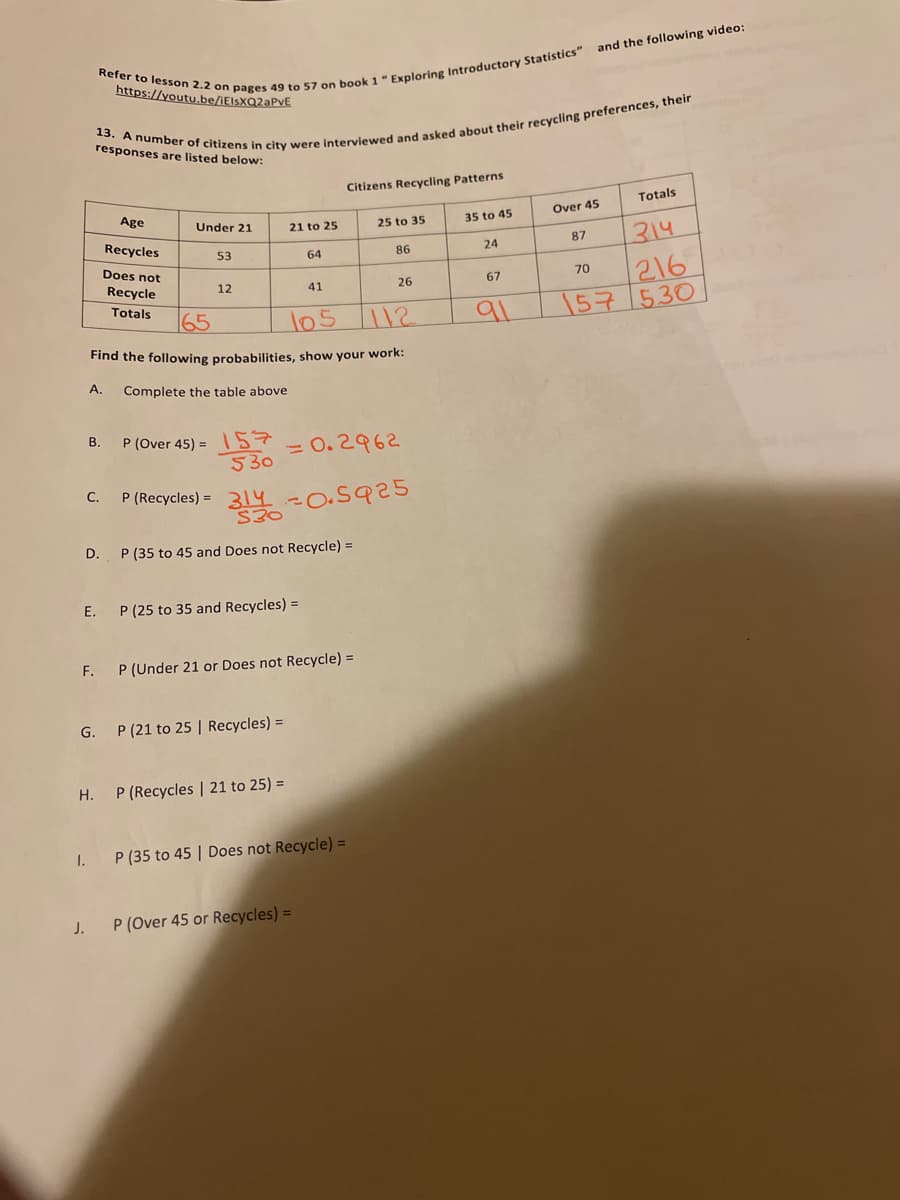 https://youtu.be/iElsXQ2aPvVE
responses are listed below:
Citizens Recycling Patterns
Age
Totals
Under 21
Over 45
21 to 25
25 to 35
35 to 45
Recycles
314
87
53
64
86
24
Does not
216
157530
70
Recycle
Totals
12
41
26
67
165
105
91
Find the following probabilities, show your work:
A.
Complete the table above
P (Over 45) = \57
530
В.
= 0.2962
С.
P (Recycles) = 314
S30
D.
P (35 to 45 and Does not Recycle) =
E.
P (25 to 35 and Recycles) =
F.
P (Under 21 or Does not Recycle) =
G.
P (21 to 25 | Recycles) =
H. P (Recycles | 21 to 25) =
1.
P (35 to 45 | Does not Recycle) =
J.
P (Over 45 or Recycles) =
