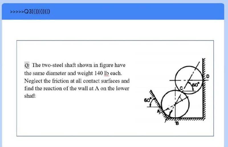 >>>>>Q3))
Q: The two-steel shaft shown in figure have
the same diameter and weight 140 lb each.
Neglect the friction at all contact surfaces and
find the reaction of the wall at A on the lower
shaft
