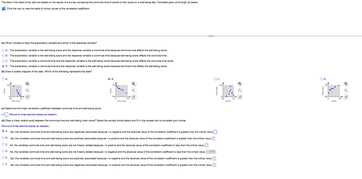 The data in the table to the right are based on the results of a survey comparing the commute time of adults to their score on a well-being test. Complete parts (a) through (d) below.
Click the icon to view the table of critical values of the correlation coefficient.
(a) Which variable is likely the explanatory variable and which is the response variable?
O A. The explanatory variable is the well-being score and the response variable is commute time because commute time affects the well-being score.
OB. The explanatory variable is the well-being score and the response variable is commute time because well-being score affects the commute time.
OC. The explanatory variable is commute time and the response variable is the well-being score because well-being score affects the commute time score.
ⒸD. The explanatory variable is commute time and the response variable is the well-being score because commute time affects the well-being score.
(b) Draw a scatter diagram of the data. Which of the following represents the data?
О A.
110
60
70
Time (min)
Q
Q
OB.
70-
60+
110
Time (min)
Q
a
G
ос.
(c) Determine the linear correlation coefficient between commute time and well-being score.
r= (Round to three decimal places as needed.)
(d) Does a linear relation exist between the commute time and well-being index score? Select the correct choice below and fill in the answer box to complete your choice.
(Round to three decimal places as needed.)
OA Yes, the variables commute time and well-being score are negatively associated because r is negative and the absolute value of the correlation coefficient is greater than the critical value
OB. Yes, the variables commute time and well-being score are positively associated because ris positive and the absolute value of the correlation coefficient is greater than the critical value
OC. No, the variables commute time and well-being score are not linearly related because ris positive and the absolute value of the correlation coefficient is less than the critical value
O D. No, the variables commute time and well-being score are not linearly related because r is negative and the absolute value of the correlation coefficient is less than the critical value-.9763
OE. Yes, the variables commute time and well-being score are positively associated because ris negative and the absolute value of the correlation coefficient is greater than the critical value
OF. Yes, the variables commute time and well-being score are negatively associated because r is positive and the absolute value of the correlation coefficient is greater than the critical value
110
TIK⠀⠀⠀⠀
Score
60
Q
Q
O D.
70-
Score
110