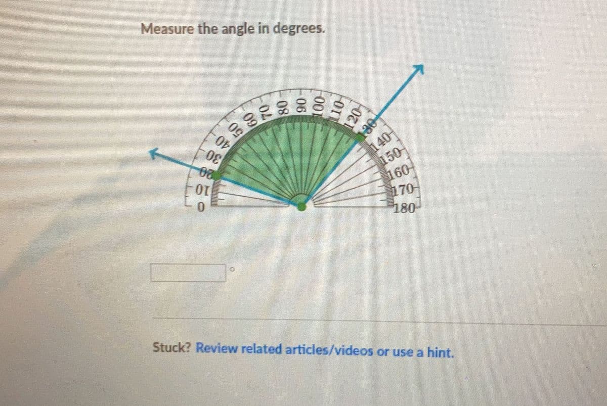 Measure the angle in degrees.
30
140-
150-
160-
170
180
Stuck? Review related articles/videos or use a hint.
001
06
