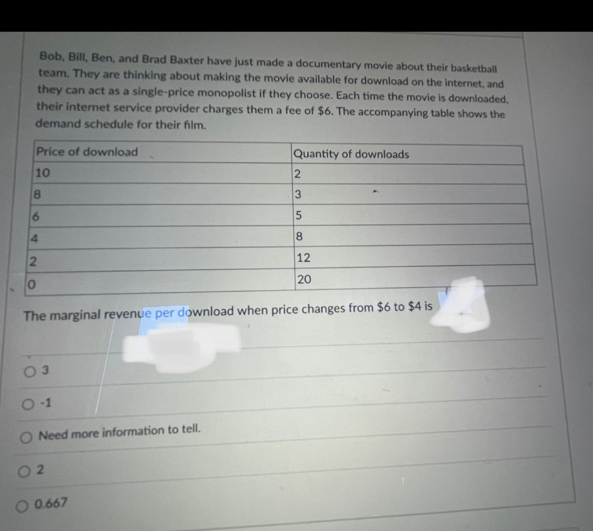 Bob, Bill, Ben, and Brad Baxter have just made a documentary movie about their basketball
team. They are thinking about making the movie available for download on the internet, and
they can act as a single-price monopolist if they choose. Each time the movie is downloaded,
their internet service provider charges them a fee of $6. The accompanying table shows the
demand schedule for their film.
Price of download
Quantity of downloads
10
2
3
4.
8
12
20
The marginal revenue per download when price changes from $6 to $4 is
0 3
O-1
O Need more information to tell.
O 2
O 0.667
