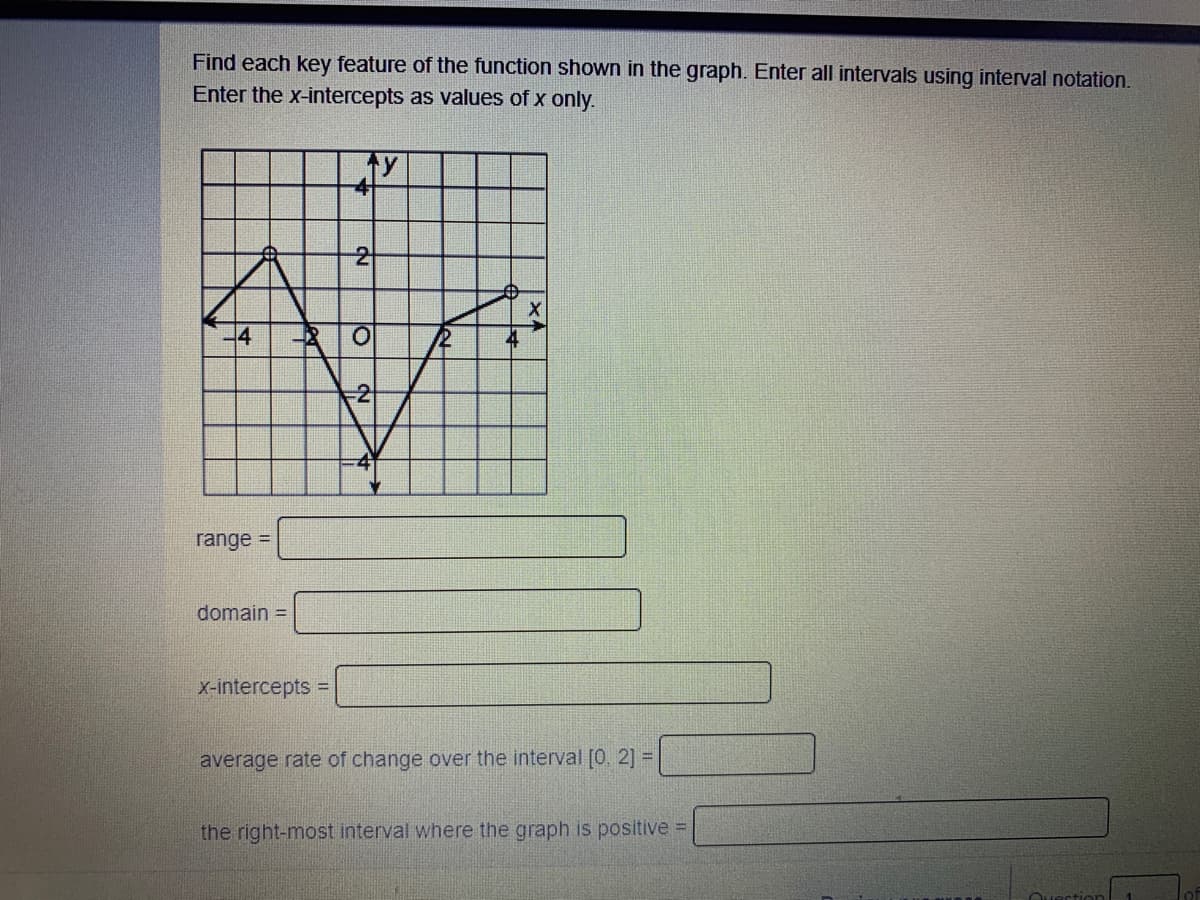 Find each key feature of the function shown in the graph. Enter all intervals using interval notation.
Enter the x-intercepts as values of x only.
y
2
4
-2
range =
domain =
X-intercepts =
average rate of change over the interval [O, 2] =
the right-most interval where the graph is positive =
