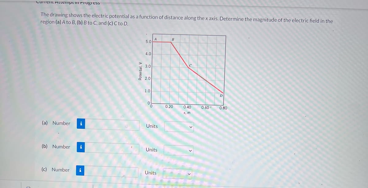 Current Attemptin Progress
The drawing shows the electric potential as a function of distance along the x axis. Determine the magnitude of the electric field in the
region (a) A to B, (b) B to C, and (c) C to D.
A
B
5.0
4.0
3.0
22.0
1.0
D
0.80
(a) Number
i
(b) Number i
(c) Number i
Potential, V
05
Units
Units
Units
0.20
0.40
x, m
0.60